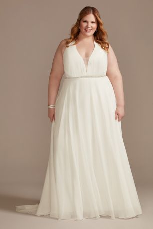 Chiffon Halter Bead Waist Plus Size Wedding Dress - With its illusion plunge neckline, this chiffon A-line